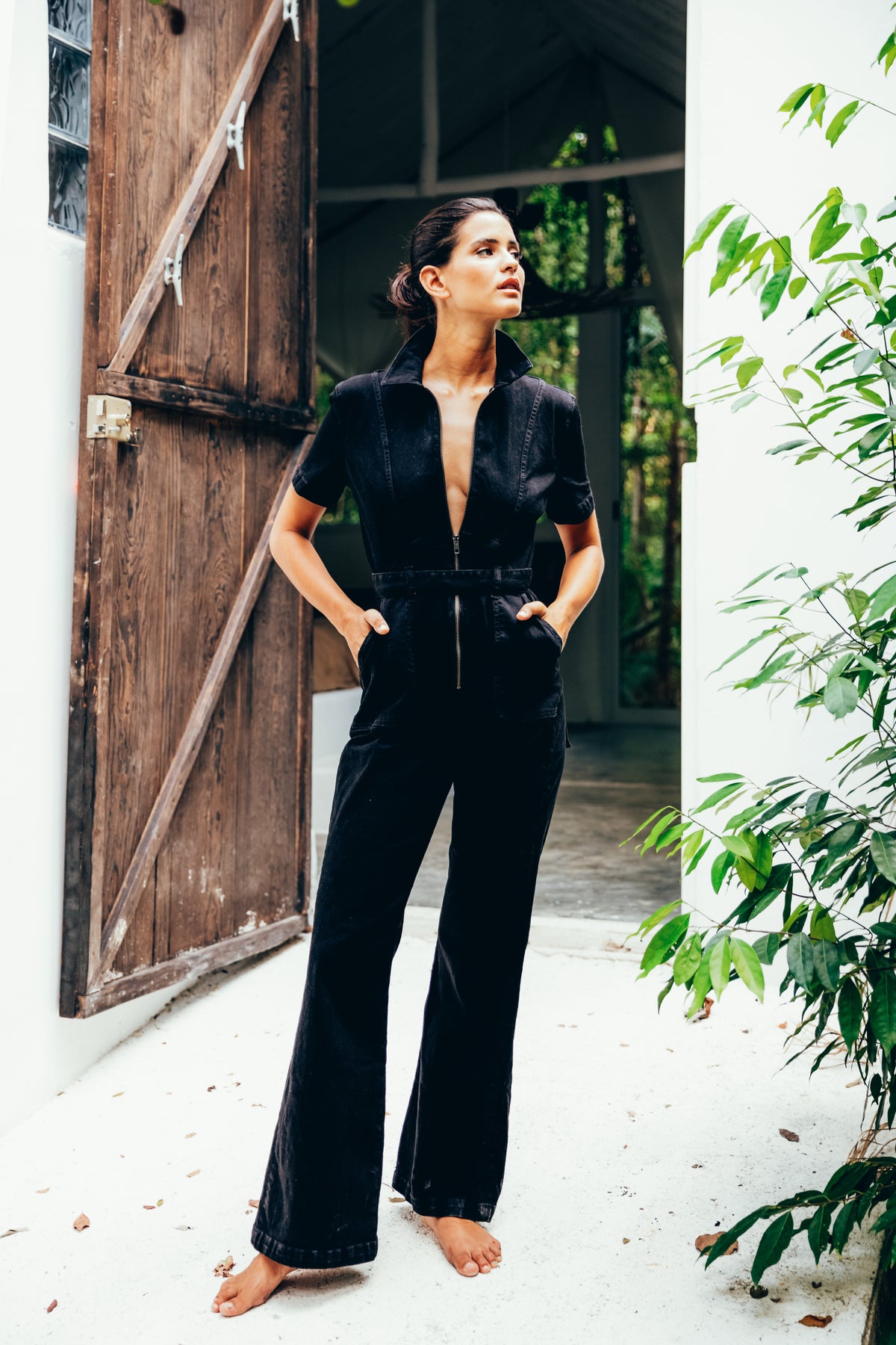 Womens black denim online jumpsuit